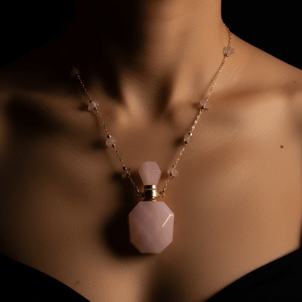 Perfume Bottle Necklace On Neck