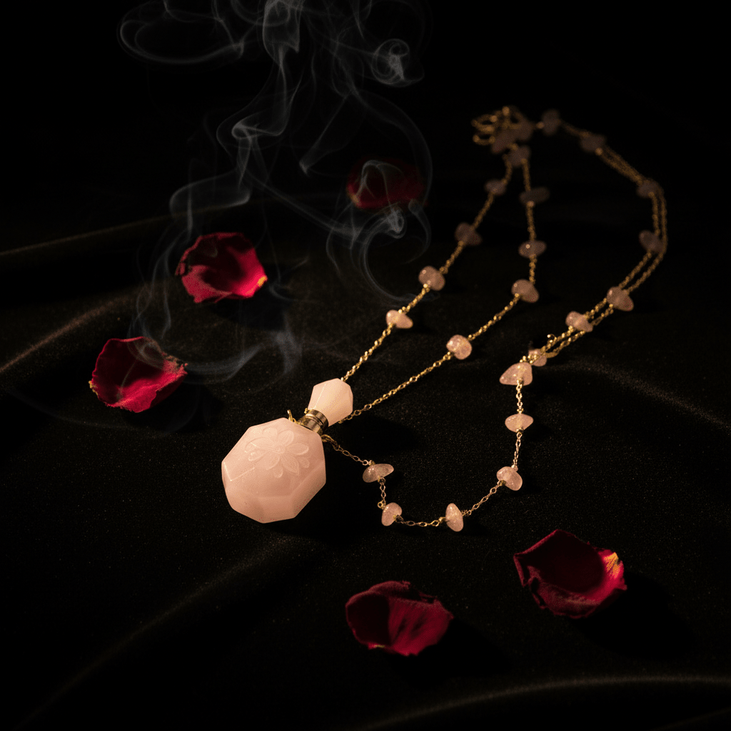 Perfume Bottle Necklace Flat Lay