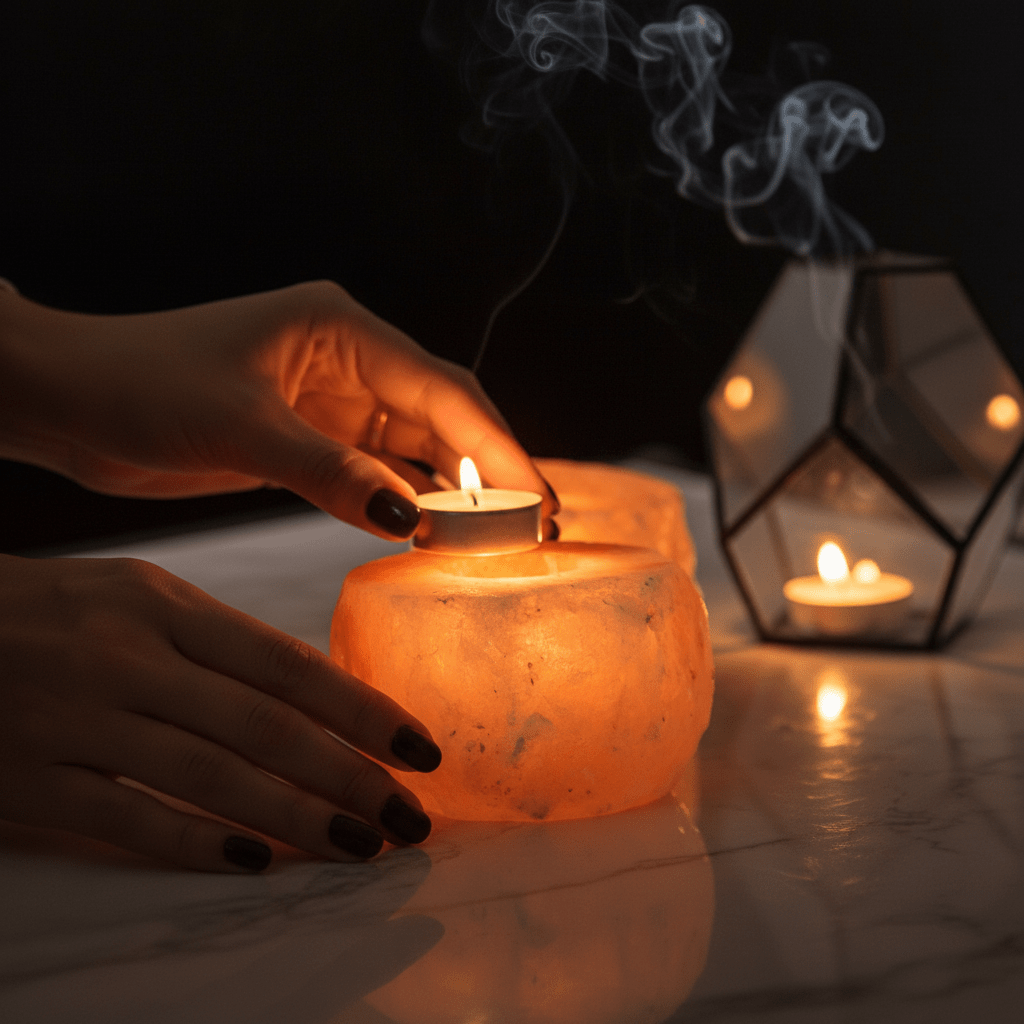 Himalayan Salt Crystal Candle Holder — In Use