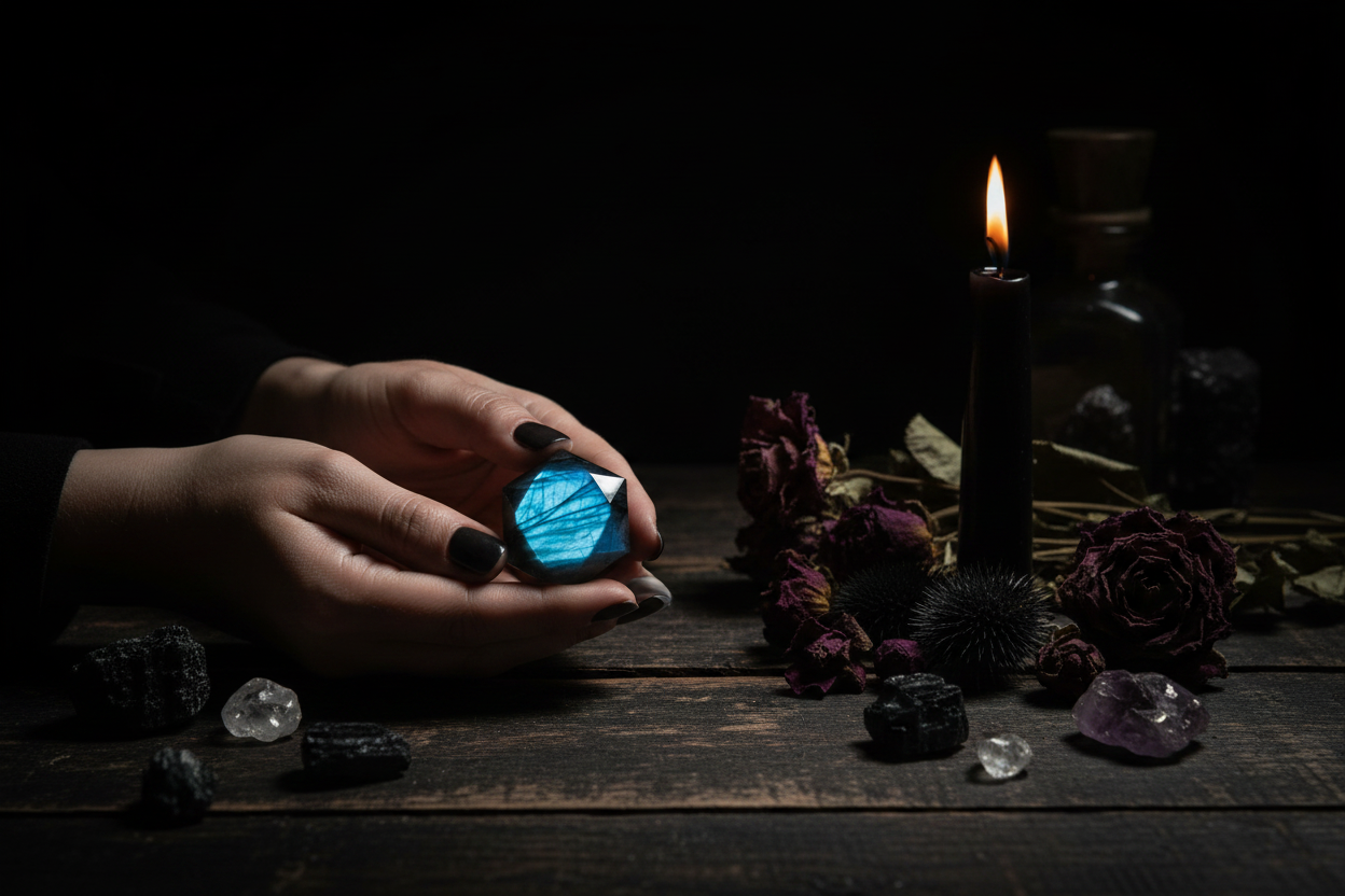 Moonstone Large Satellite Carved Crystal — In Use