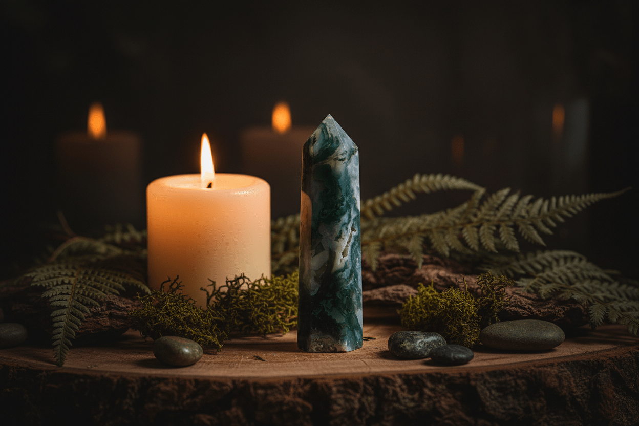 Moss Agate Crystal Tower Lifestyle