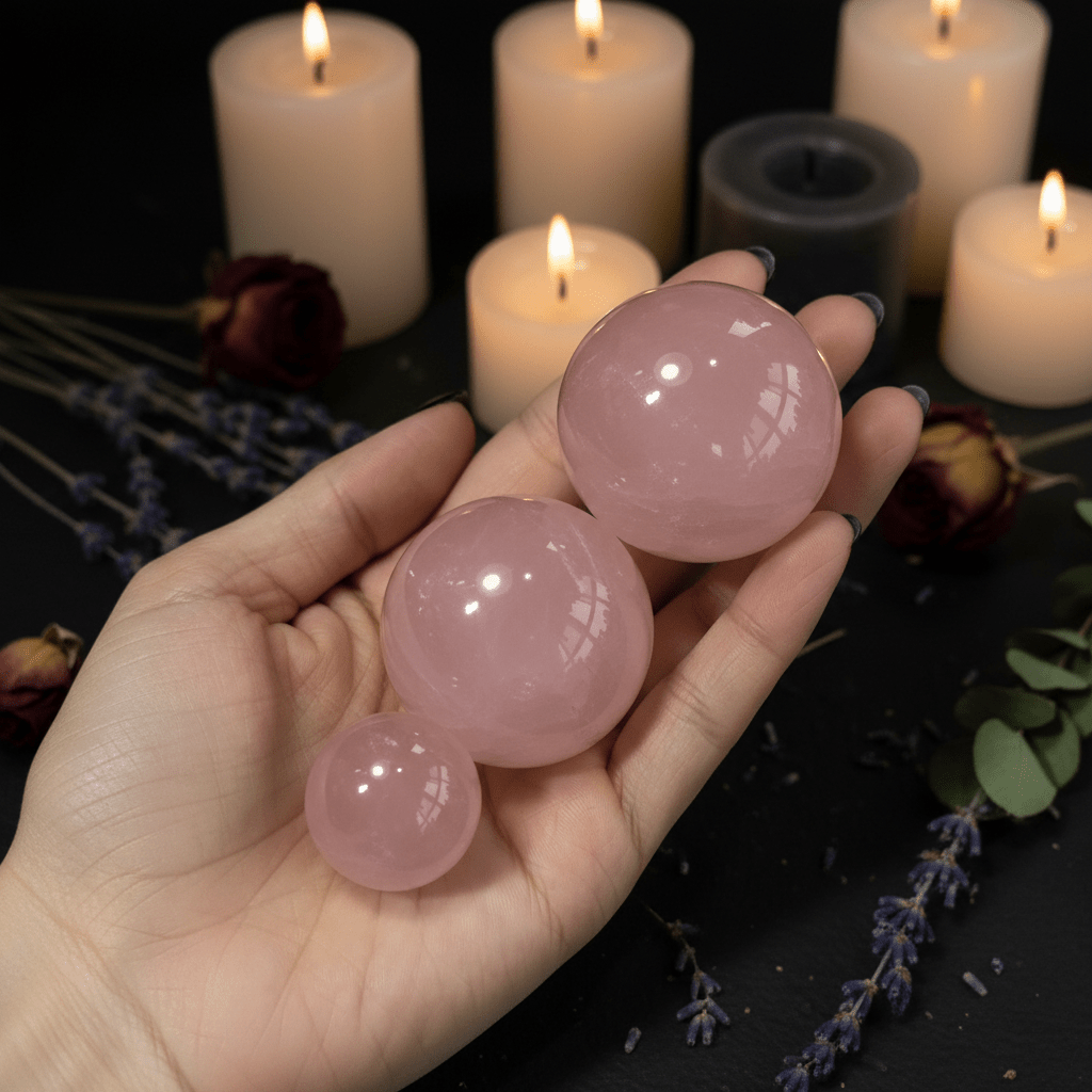 Rose Quartz Spheres — All Sizes, In Use