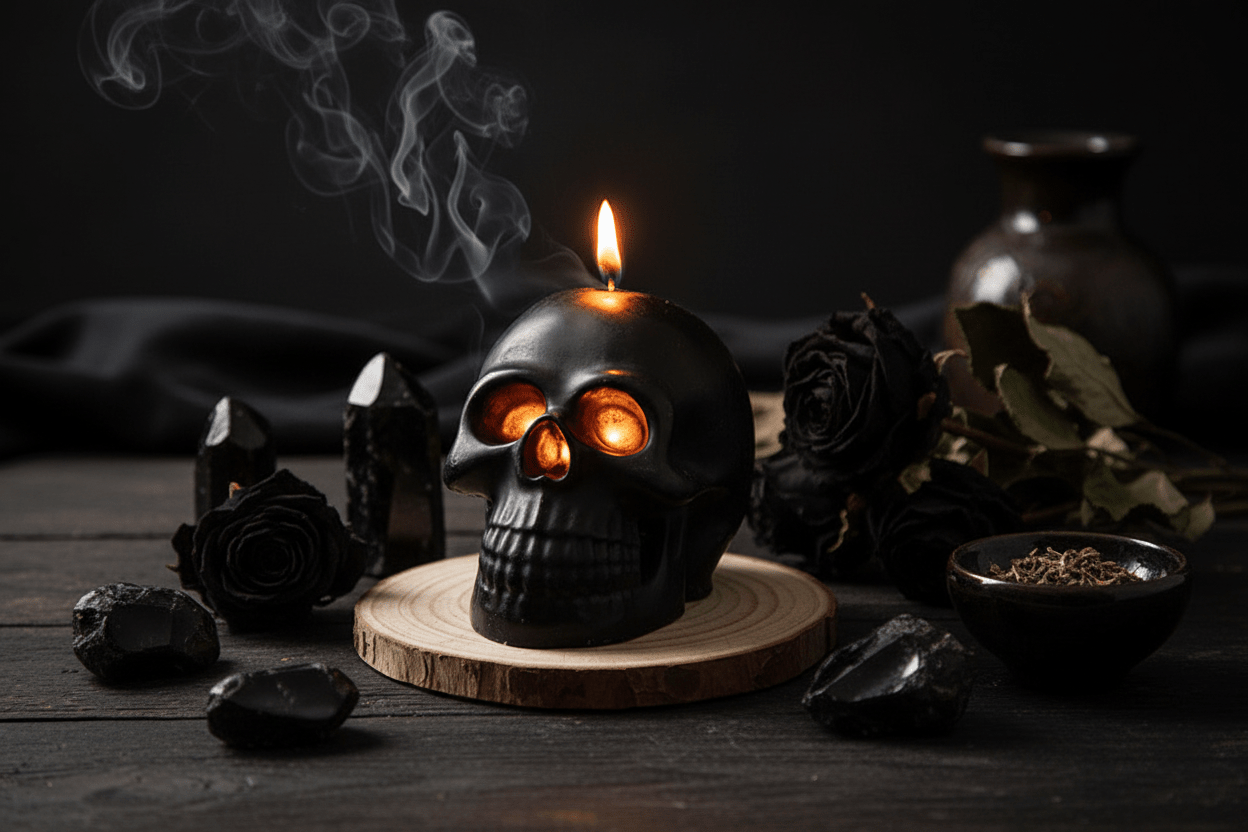 Skull Ritual Soy Candle — In Use
